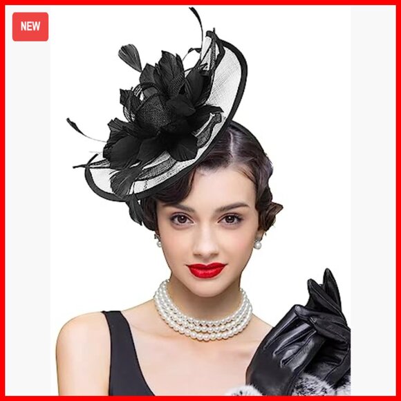 Large Mesh Fascinator Hat with Feathers Rhinestone Bow Derby Tea Party main image 5